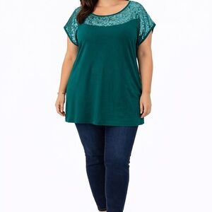Teal Sequin Tunic Top Plus Size Sparkly Blouse Dressy Casual Holiday Party 2X